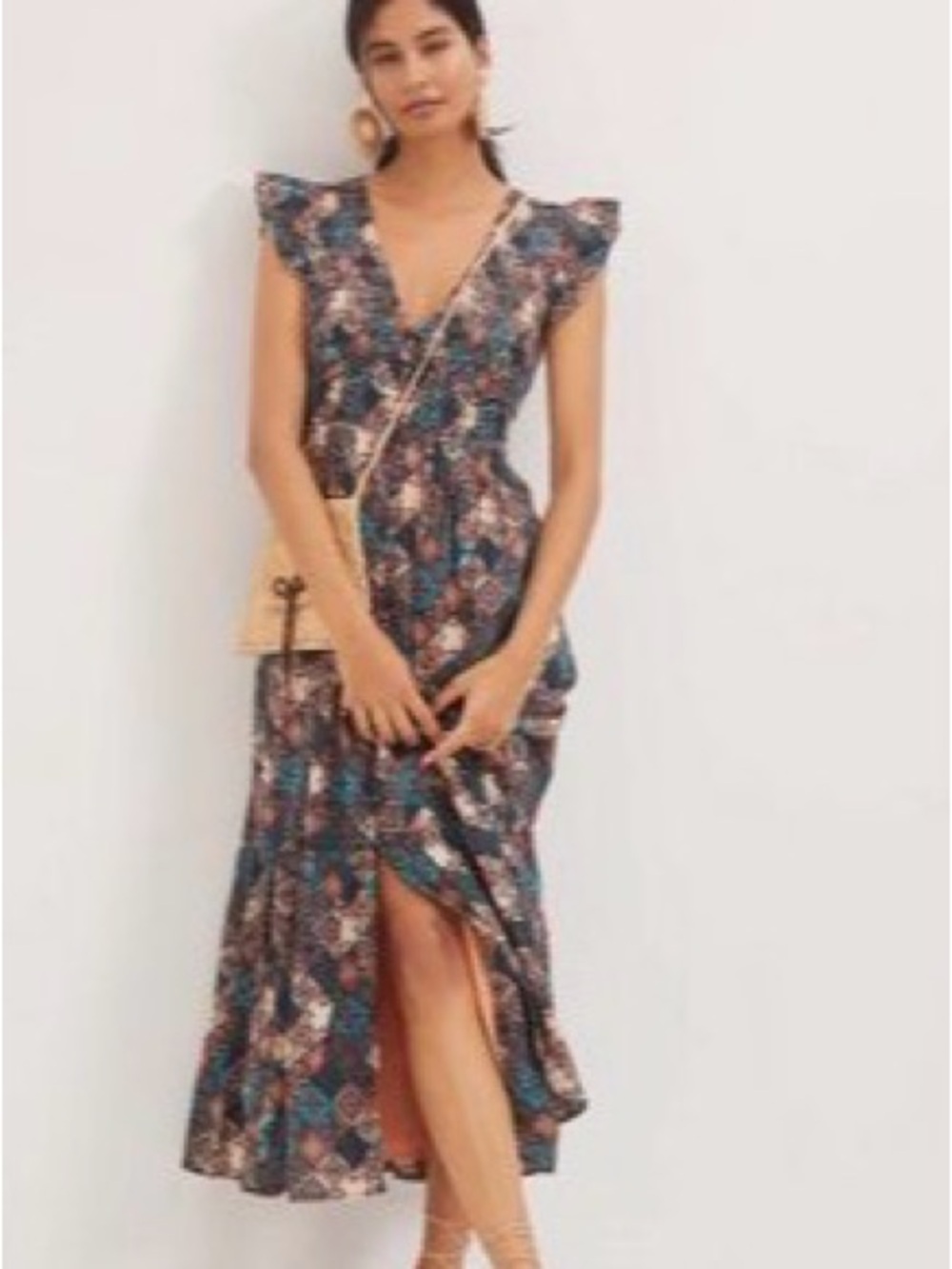 Anthropologie Navy, Teal and Cream Floral Midi Dress